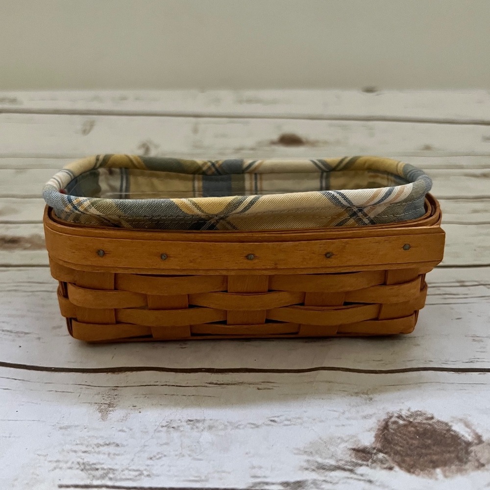 VTG Longaberger Divided Basket Brown Yellow Blue Plaid Liner 1999 Small 7x5x3